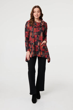 Red | Printed Long Sleeve Cowl Neck Tunic Top
