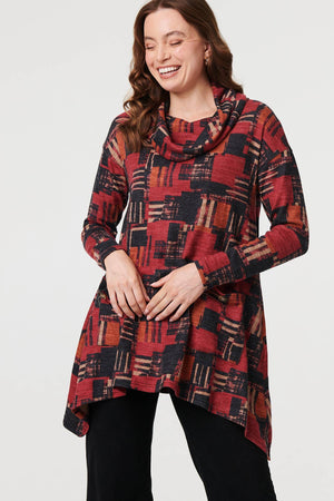 Red | Printed Long Sleeve Cowl Neck Tunic Top
