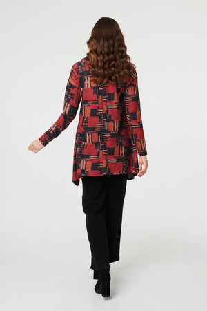 Red | Printed Long Sleeve Cowl Neck Tunic Top
