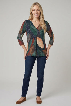 Navy | Leaf Print Relaxed 3/4 Sleeve Blouse