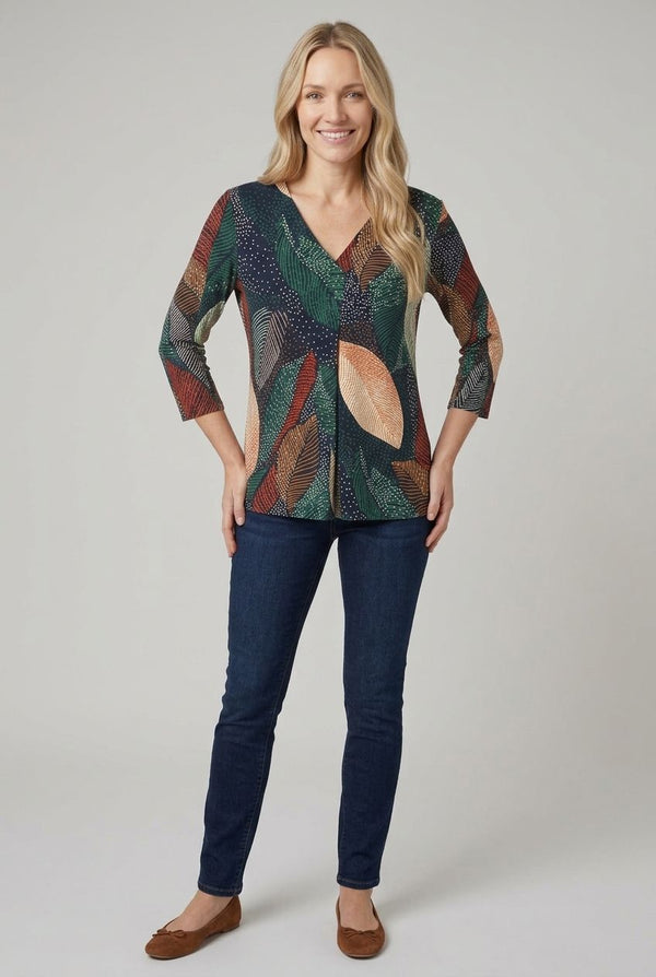 Navy | Leaf Print Relaxed 3/4 Sleeve Blouse