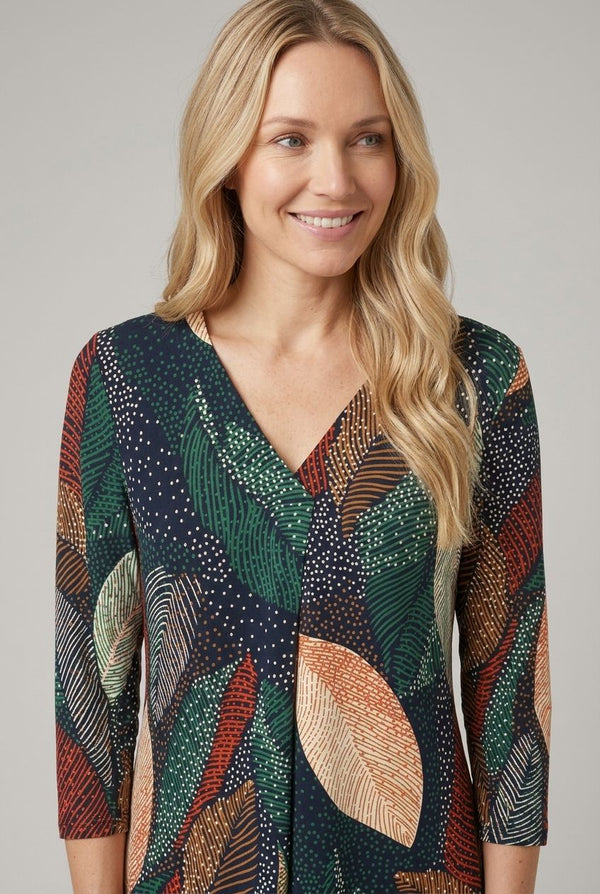 Navy | Leaf Print Relaxed 3/4 Sleeve Blouse