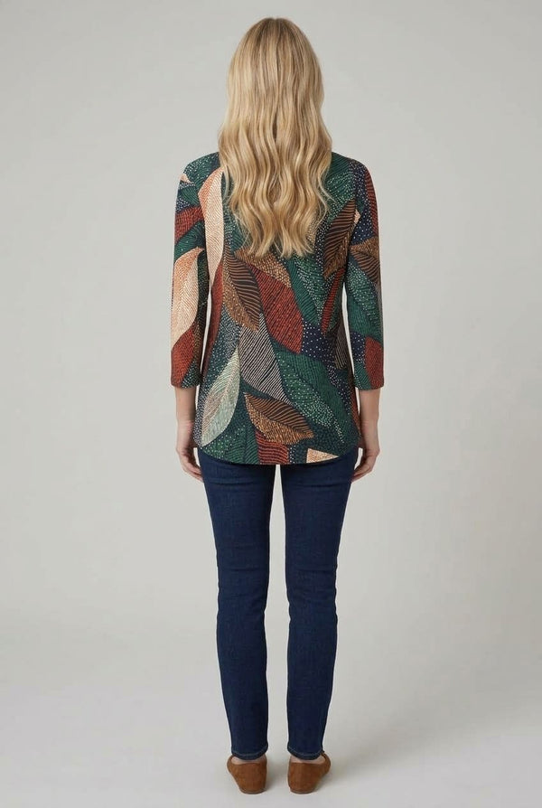Navy | Leaf Print Relaxed 3/4 Sleeve Blouse