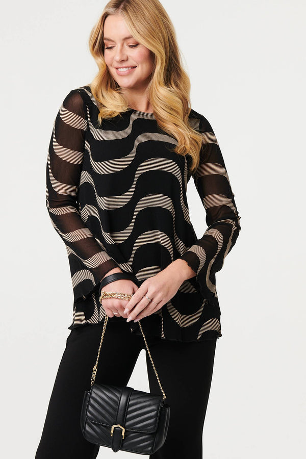 Black | Printed Semi Sheer Layer Long Sleeve Top