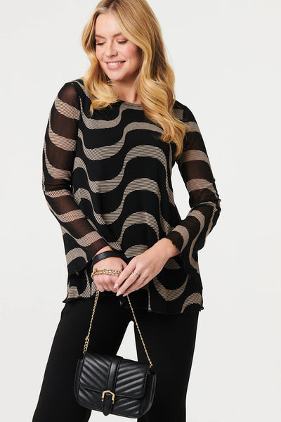 Black | Printed Semi Sheer Layer Long Sleeve Top