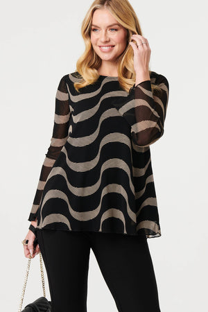 Black | Printed Semi Sheer Layer Long Sleeve Top