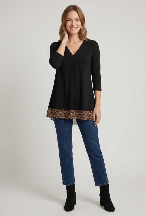 Black | Animal Print Hem Relaxed Tunic Top