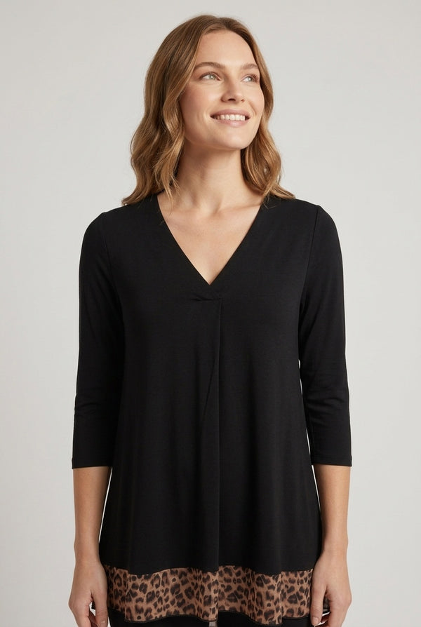 Black | Animal Print Hem Relaxed Tunic Top