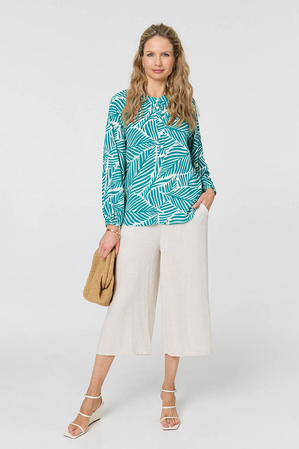 Green | Leaf Print Long Sleeve Relaxed Blouse
