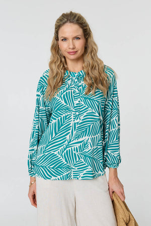 Green | Leaf Print Long Sleeve Relaxed Blouse
