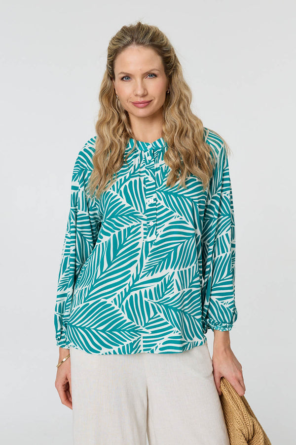 Green | Leaf Print Long Sleeve Relaxed Blouse
