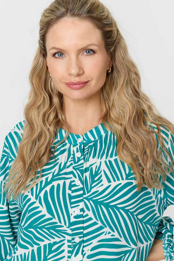 Green | Leaf Print Long Sleeve Relaxed Blouse
