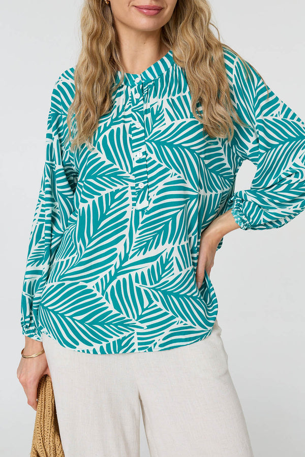 Green | Leaf Print Long Sleeve Relaxed Blouse
