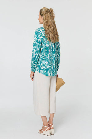 Green | Leaf Print Long Sleeve Relaxed Blouse
