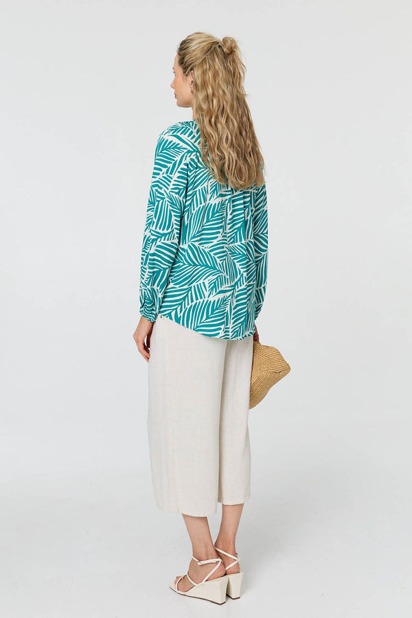 Green | Leaf Print Long Sleeve Relaxed Blouse
