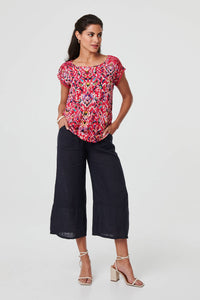 Red | Printed Lace Trim Cap Sleeve Blouse
