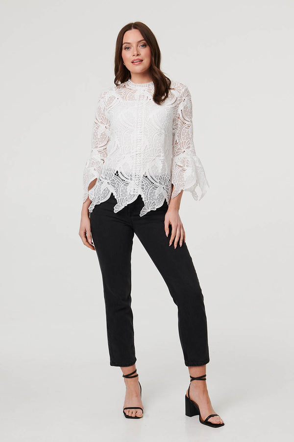 White | Semi Sheer Lace Layer Frilled Hem Blouse