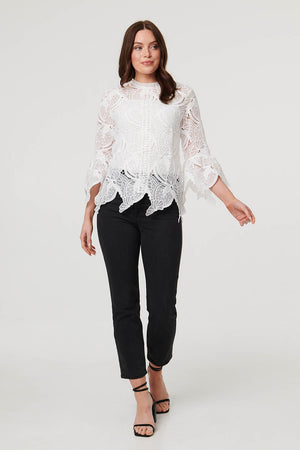 White | Semi Sheer Lace Layer Frilled Hem Blouse