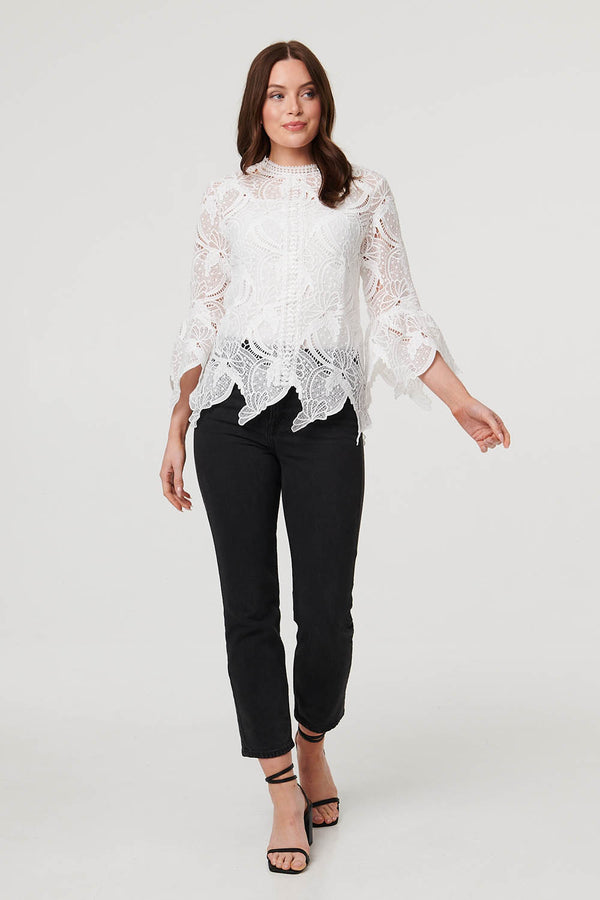 White | Semi Sheer Lace Layer Frilled Hem Blouse
