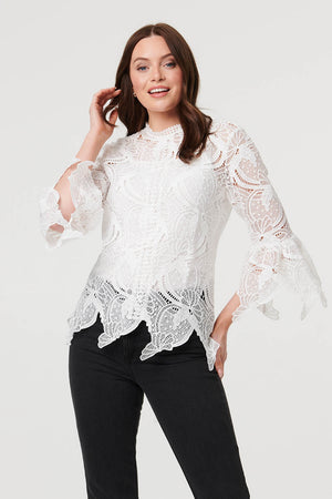 White | Semi Sheer Lace Layer Frilled Hem Blouse