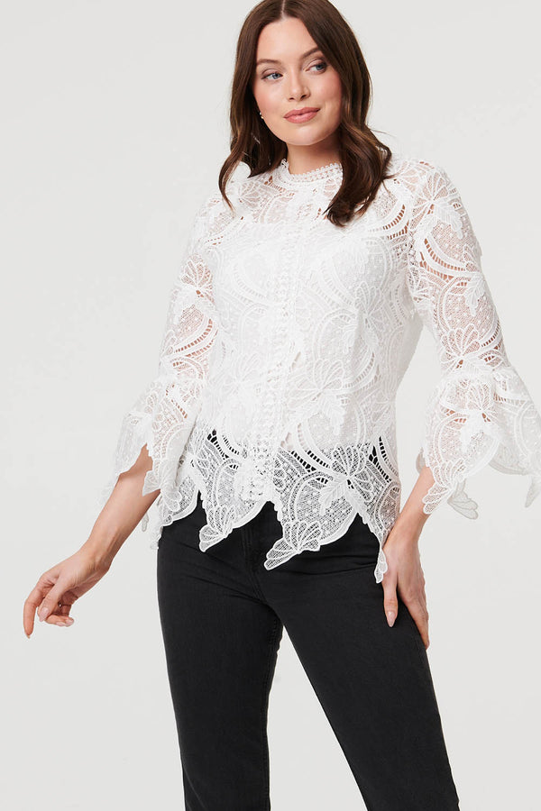 White | Semi Sheer Lace Layer Frilled Hem Blouse