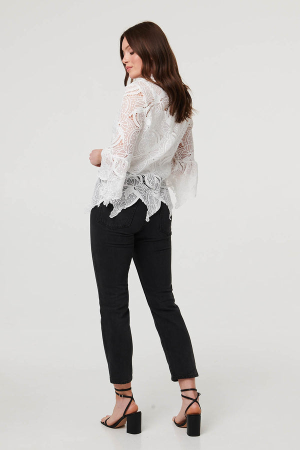 White | Semi Sheer Lace Layer Frilled Hem Blouse