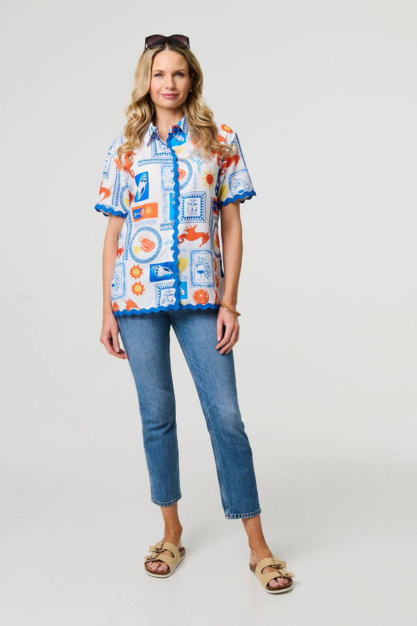 Blue | Printed Contrast Trim Relaxed Shirt
