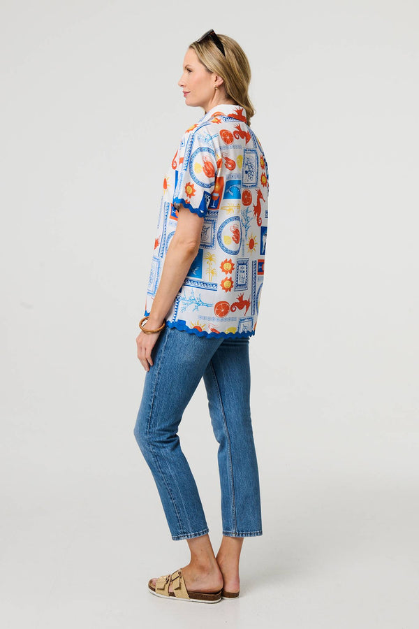 Blue | Printed Contrast Trim Relaxed Shirt
