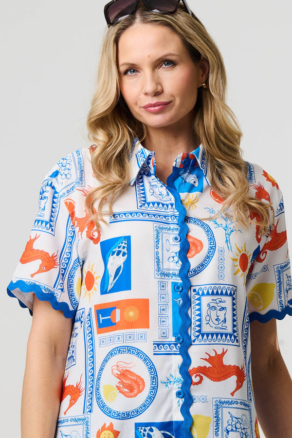 Blue | Printed Contrast Trim Relaxed Shirt
