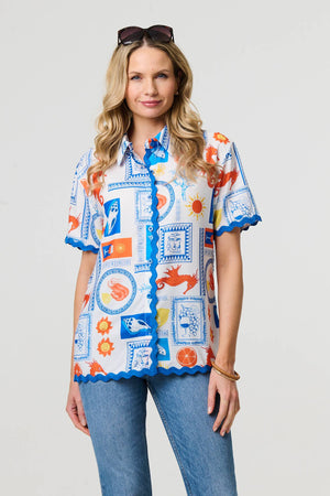 Blue | Printed Contrast Trim Relaxed Shirt
