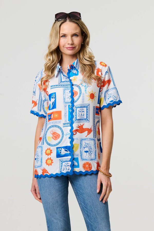 Blue | Printed Contrast Trim Relaxed Shirt
