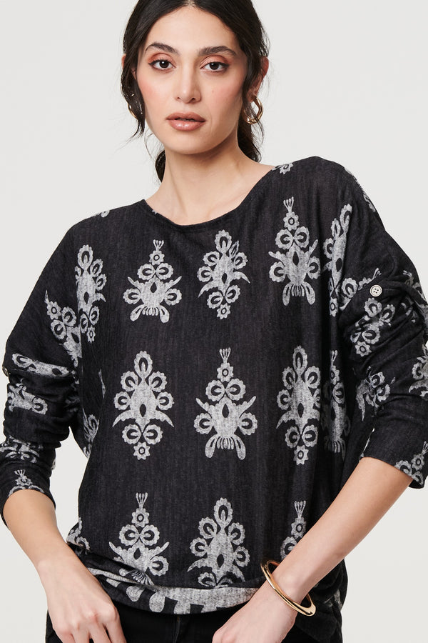 Black | Printed Long Sleeve Relaxed Top
