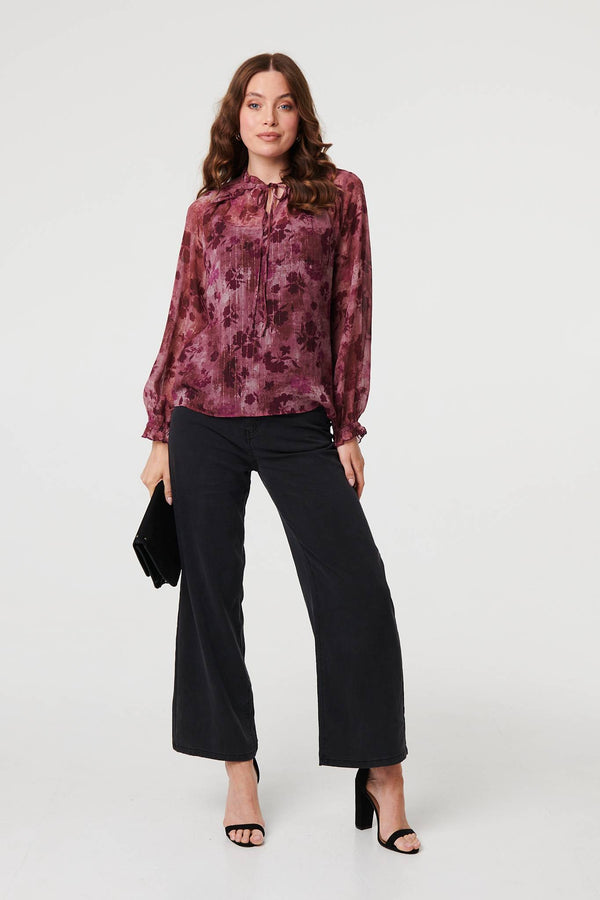 Purple | Floral Semi Sheer Tie Neck Blouse
