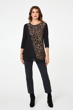 Black | Animal Print Asymmetric Tunic Top
