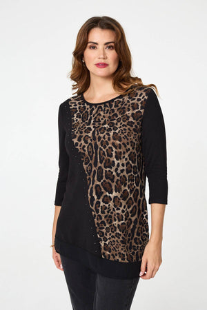 Black | Animal Print Asymmetric Tunic Top
