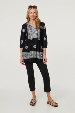 Black | Embroidered 3/4 Sleeve Shirred Blouse