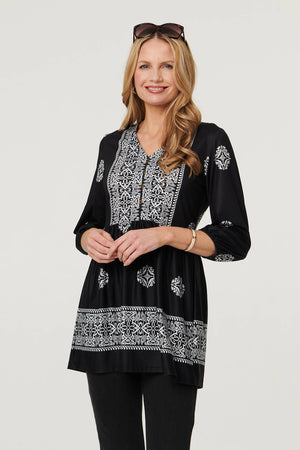 Black | Embroidered 3/4 Sleeve Shirred Blouse
