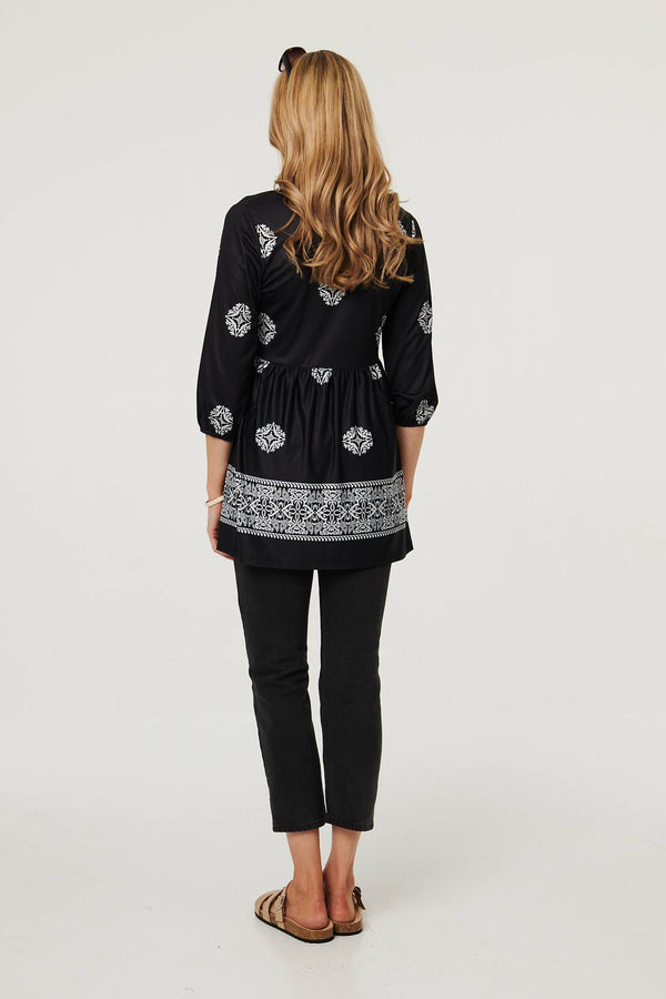 Black | Embroidered 3/4 Sleeve Shirred Blouse