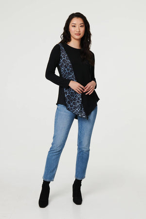 Black | Animal Print Asymmetric Long Sleeve Top