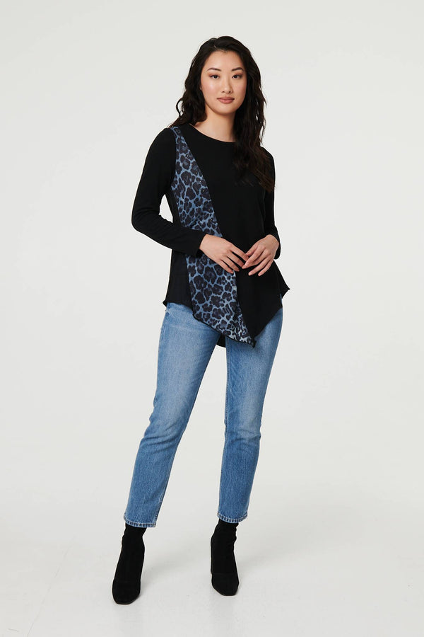 Black | Animal Print Asymmetric Long Sleeve Top