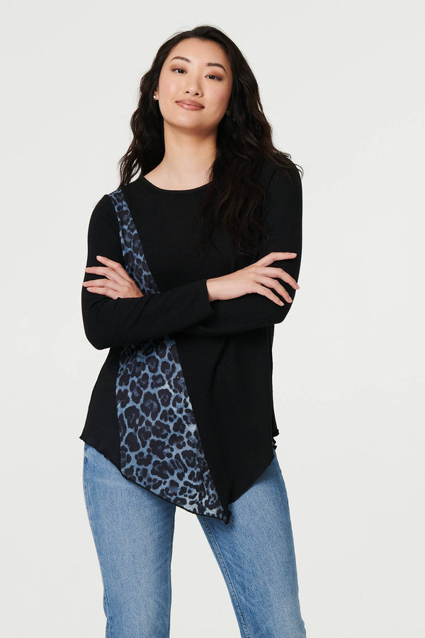 Black | Animal Print Asymmetric Long Sleeve Top