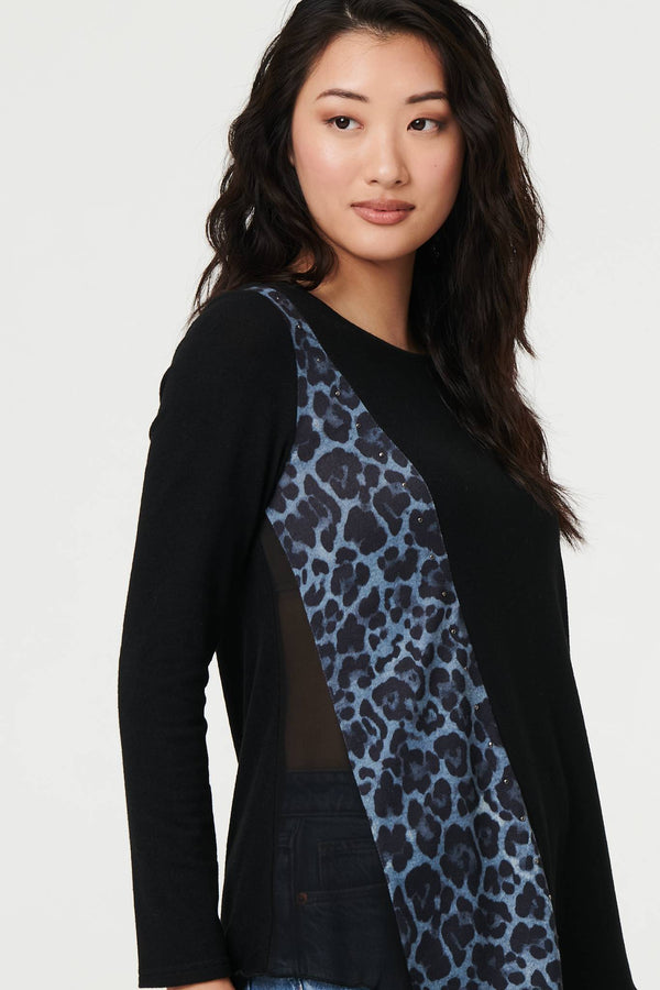 Black | Animal Print Asymmetric Long Sleeve Top