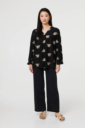 Black | Embroidered Pleat 3/4 Sleeve Blouse
