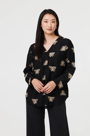 Black | Embroidered Pleat 3/4 Sleeve Blouse
