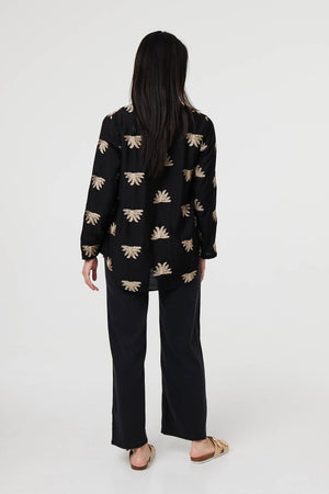 Black | Embroidered Pleat 3/4 Sleeve Blouse
