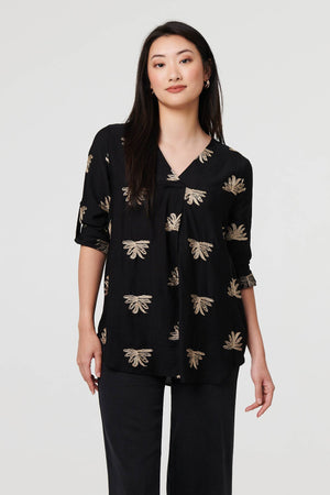 Black | Embroidered Pleat 3/4 Sleeve Blouse : Model is 5'9