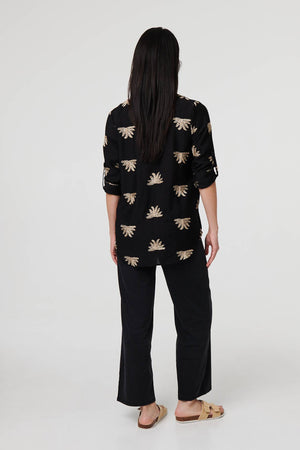 Black | Embroidered Pleat 3/4 Sleeve Blouse
