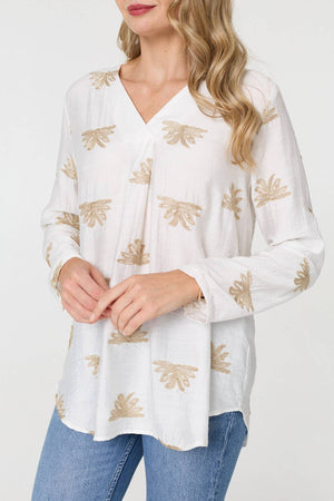 White | Embroidered Pleat 3/4 Sleeve Blouse
