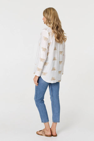 White | Embroidered Pleat 3/4 Sleeve Blouse
