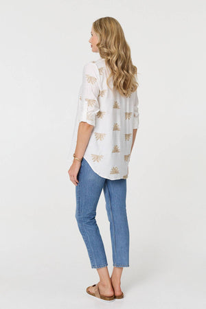 White | Embroidered Pleat 3/4 Sleeve Blouse
